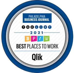 Circular badge from Philadelphia Business Journal declaring Qlik as one of the "Best Places to Work" in 2021.