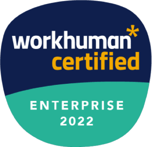 Badge displaying "workhuman certified ENTERPRISE 2022" on a blue and green background.