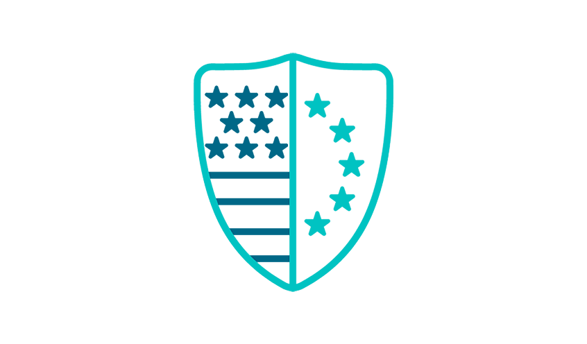 A shield icon divided into two halves: the left half has seven stars and five horizontal lines resembling the American flag, and the right half has eight stars forming a semicircle.