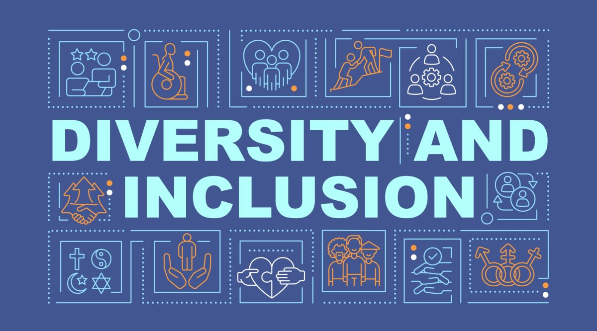 Diversity and Inclusion" text with icons representing accessibility, different cultures, genders, and collaborative teamwork on a blue background.