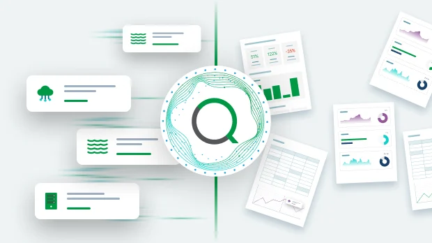 An illustration of Qlik Cloud Analytics™ enabling users to create and automate reports in seconds from various data sources. 