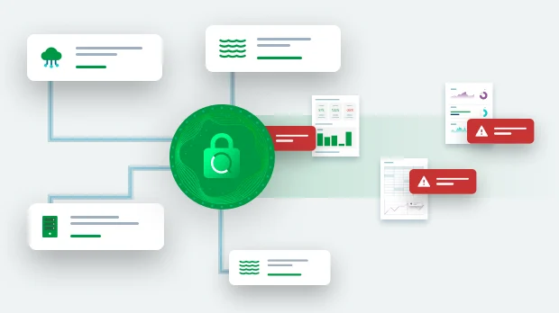 An illustration of data from multiple reports flowing into Qlik, representing secure data access and reliable protection for comprehensive data management.