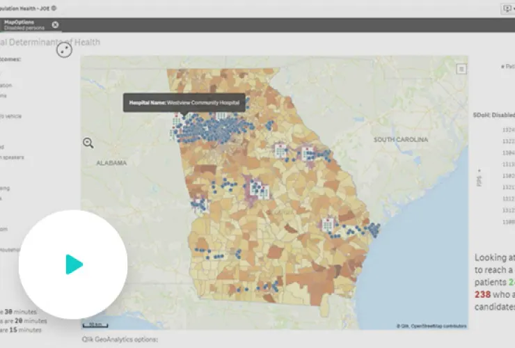 A map showing the state of Georgia with varying shades of brown indicating different demographics. Blue markers represent hospital locations, with a pop-up highlighting Westview Community Hospital.