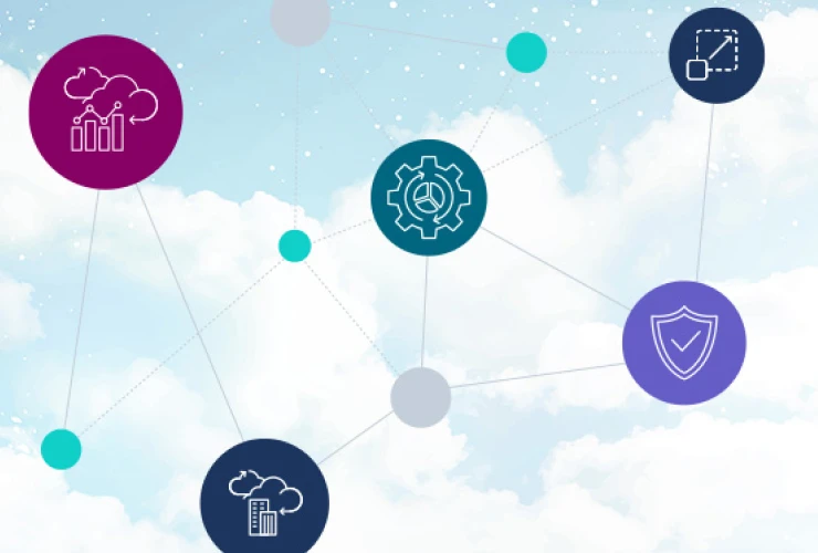 A network of interconnected abstract icons representing data graph, settings, scaling, shield, and cloud storage against a cloud-filled sky background.