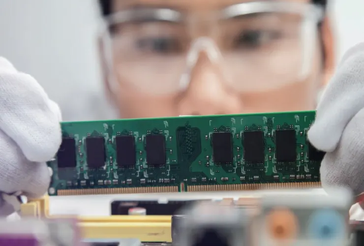 A person wearing safety glasses and white gloves is carefully holding a green circuit board with black chips, focusing intently on the component.