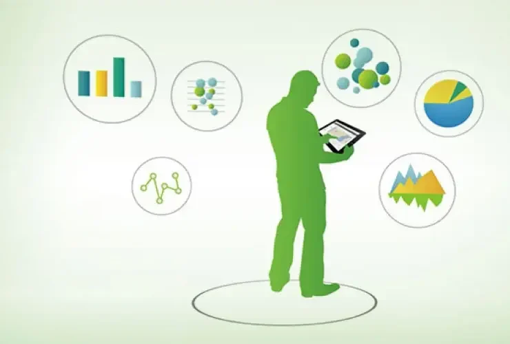 A green silhouette of a person is standing and using a tablet, surrounded by icons of various charts and graphs.