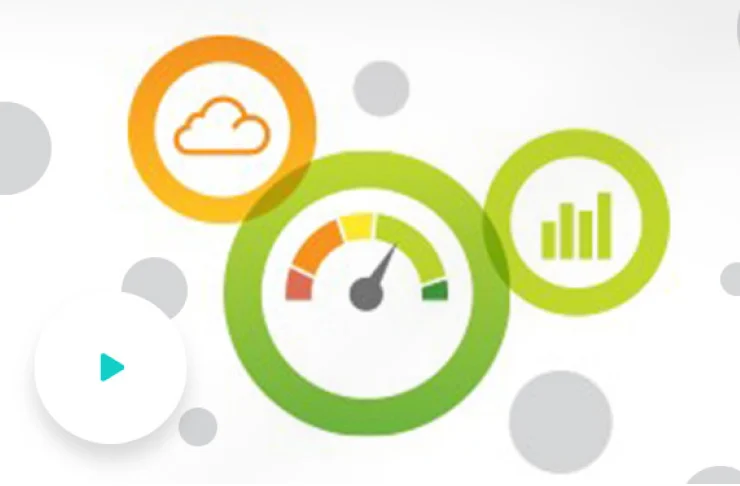 Illustration featuring a cloud icon, a speedometer gauge, and a bar graph surrounded by colored circles. A play button icon is present on the left side.