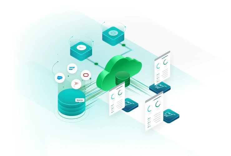 Illustration of cloud computing concept showing data storage, cloud connections, analytical charts, and various app icons connected to the cloud.