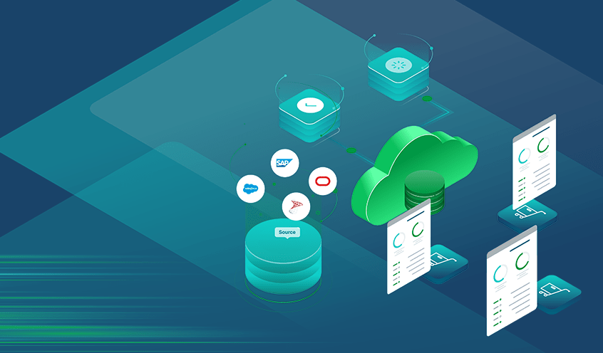 A digital illustration of data integration, showing a centralized database connecting to various software platforms and cloud services, represented by icons, with data being shared across devices.