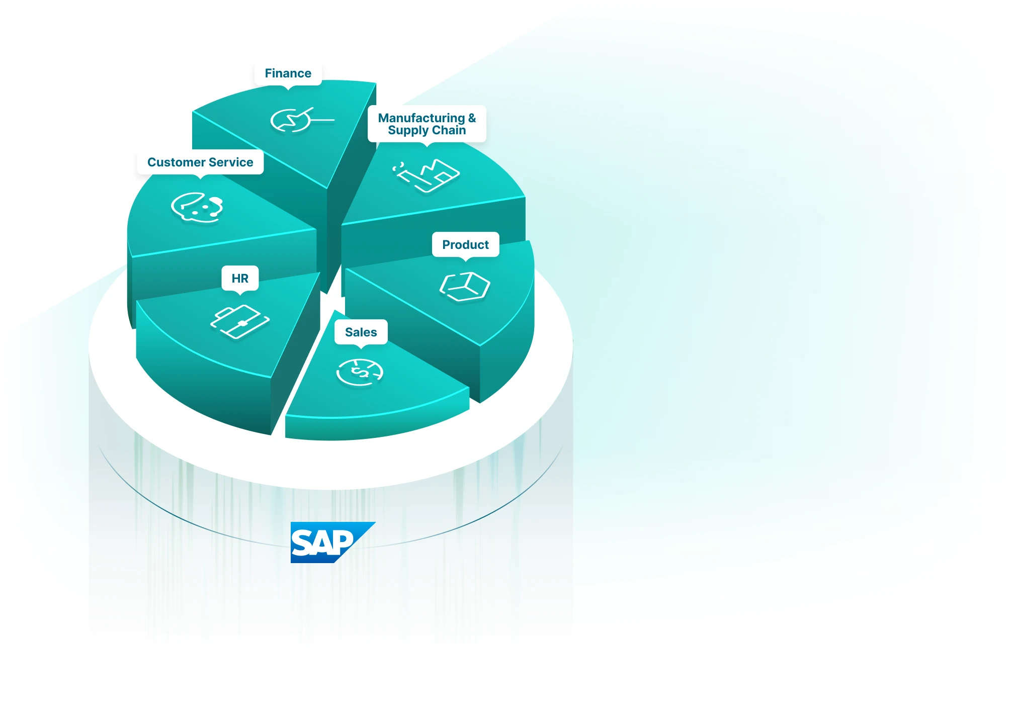 A 3D pie chart features seven labeled sections: Finance, Manufacturing &amp; Supply Chain, Product, Sales, HR, Customer Service, and one unlabeled. The SAP logo is at the base of the chart.