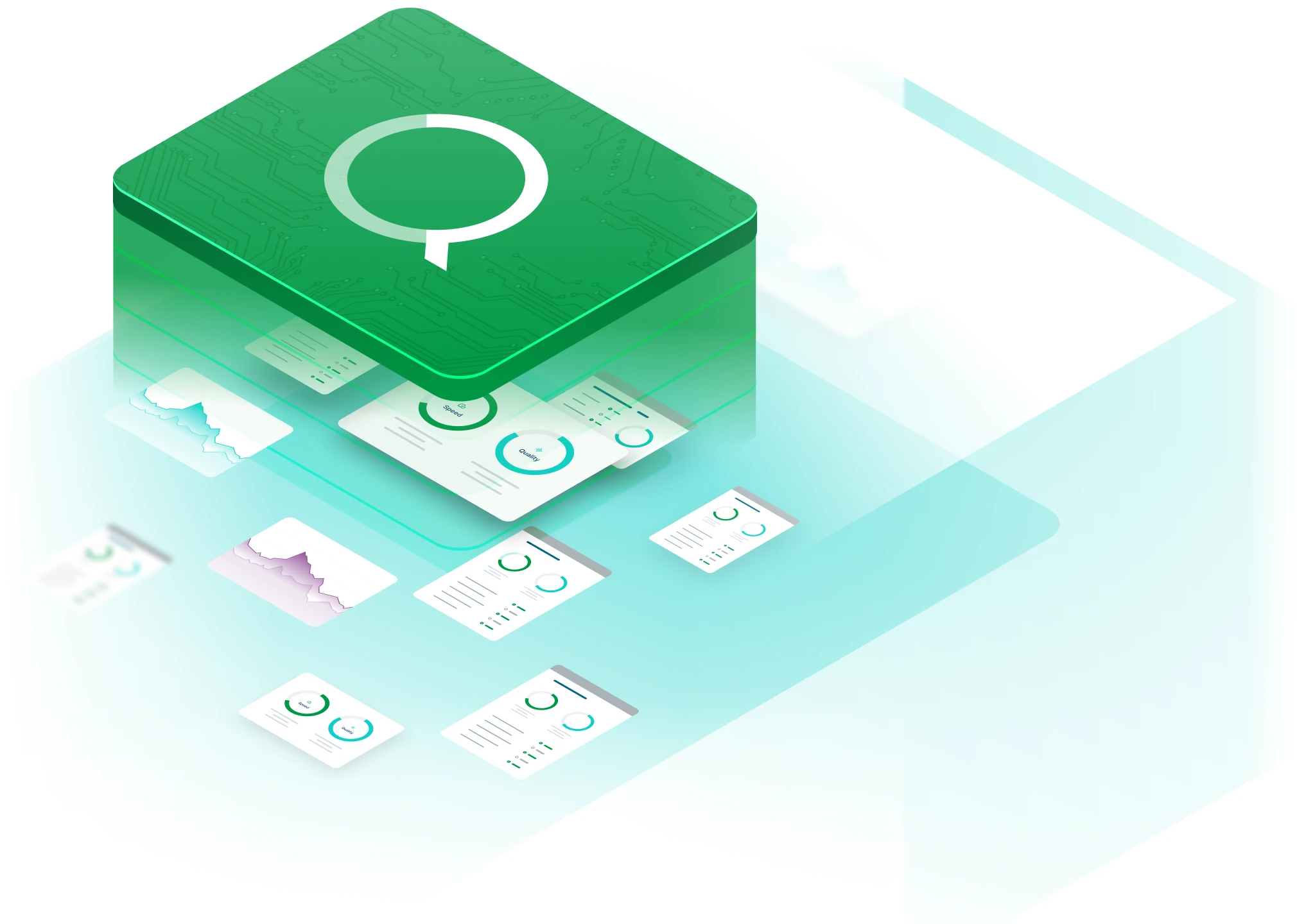 Green cube with the Qlik "Q" logomark on top, emitting digital sheets with charts and graphs. The sheets appear to be floating out of the cube.