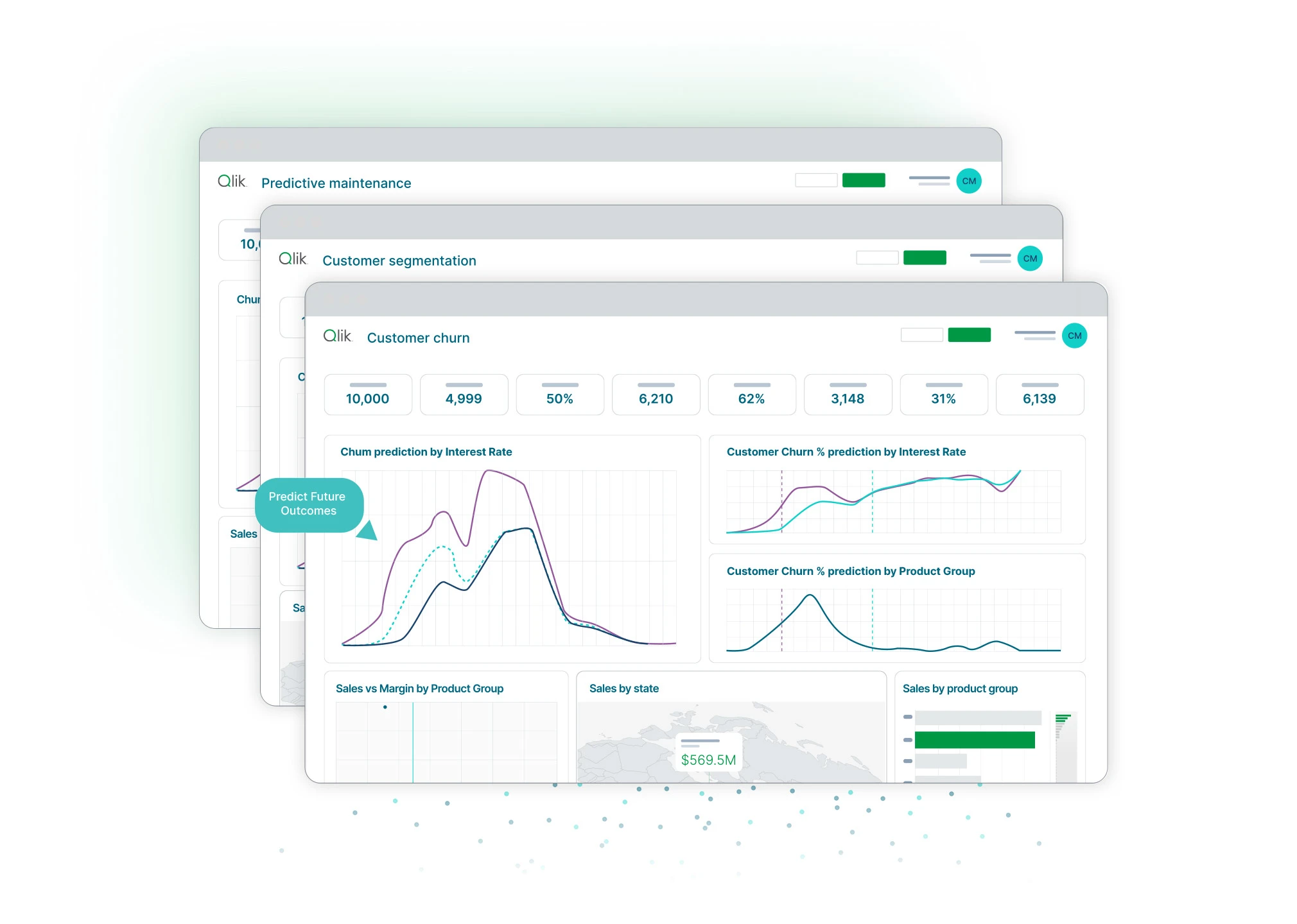 Illustration of three stacked dashboards featuring predictive maintenance, customer segmentation, customer churn statistics to enable analysts to transform historical data into future insights.