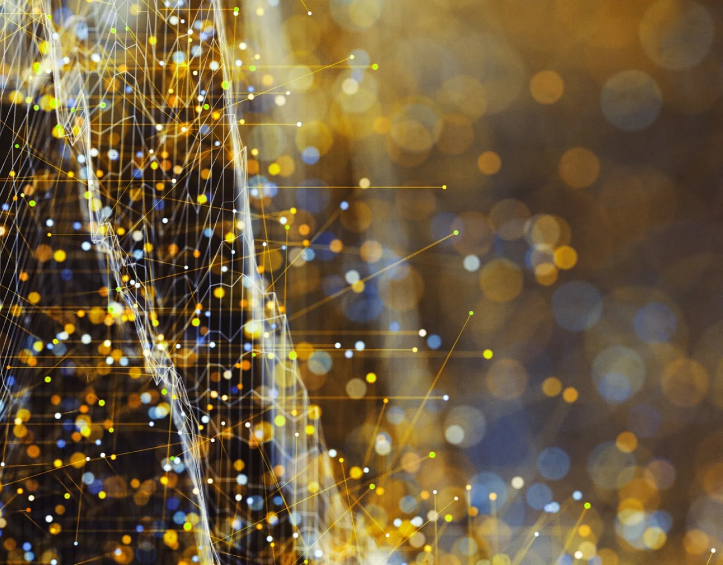 Abstract image of interconnected data points and lines against a background of variously sized gold colored bokeh lights.