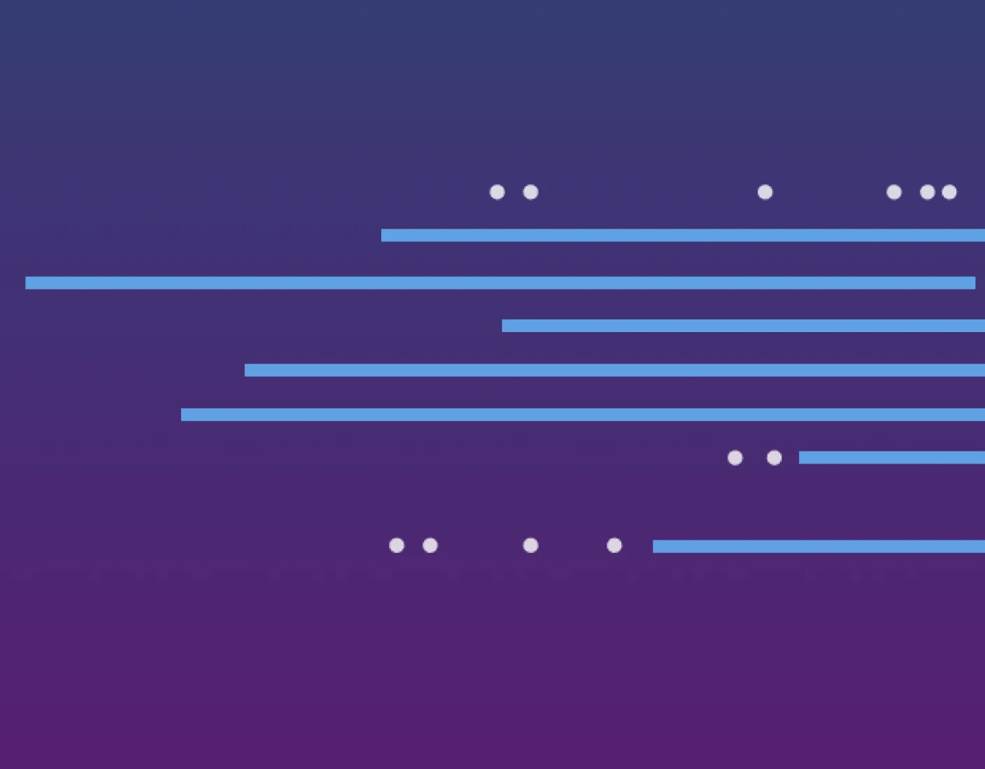 Abstract image featuring horizontal blue lines and white dots on a gradient background transitioning from dark blue at the top to purple at the bottom.