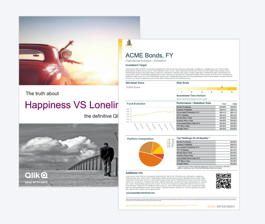 Two documents are displayed. The one on the left discusses happiness vs. loneliness, while the one on the right details investment information, including a pie chart and a table with financial data.