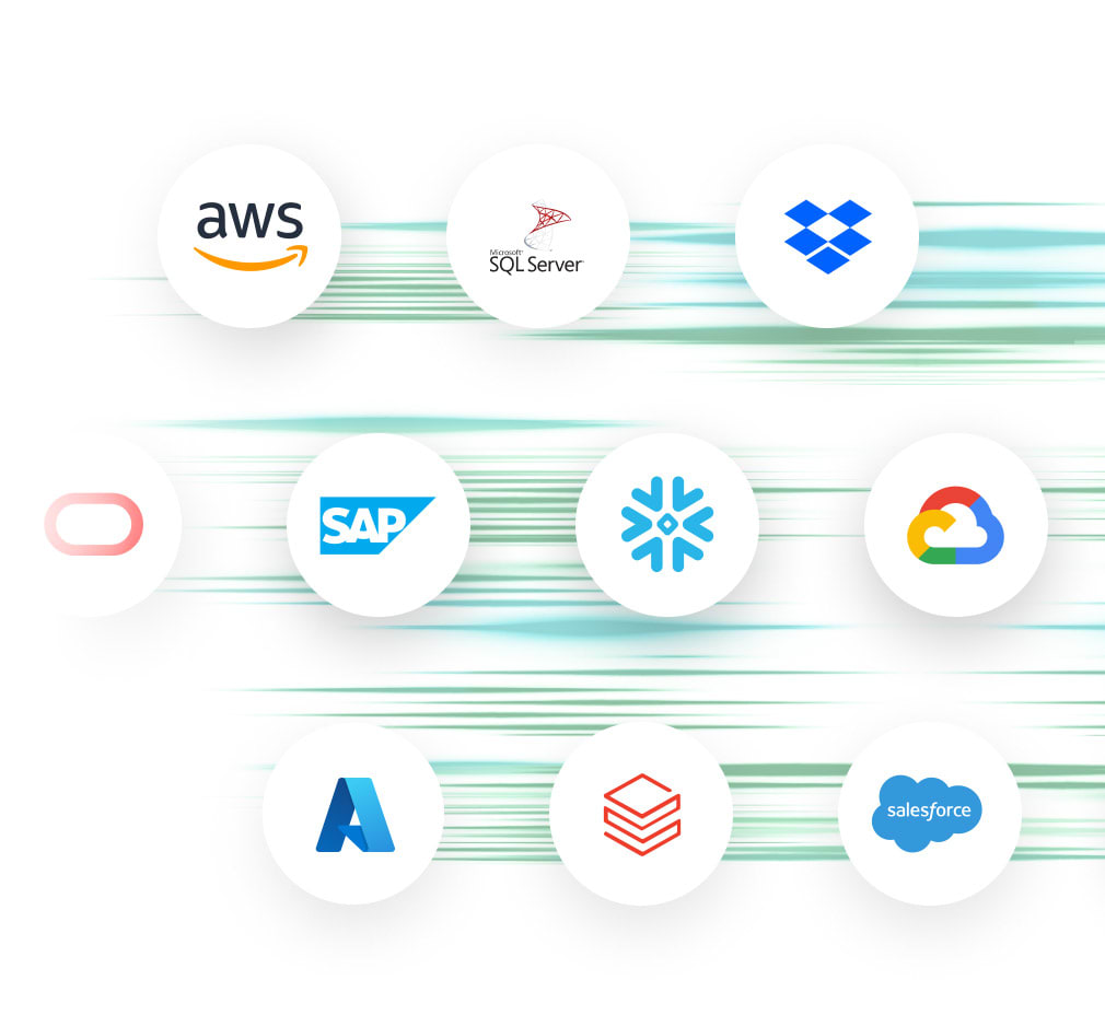 A collection of diverse logos on a white background representing a connector factory for data integration and analytics.