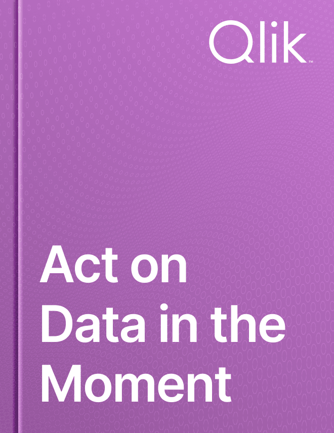 Cover of a document with a purple background featuring the Qlik logo and the text "Act on Data in the Moment" in white letters.