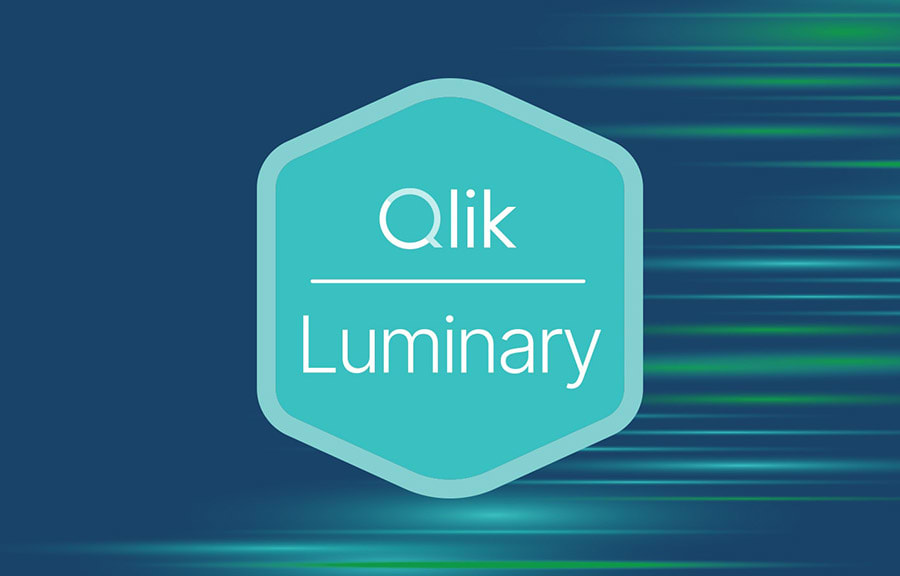 A teal hexagon with "Qlik Luminary" written inside against a dark background with green and blue horizontal contrail lines on the right.