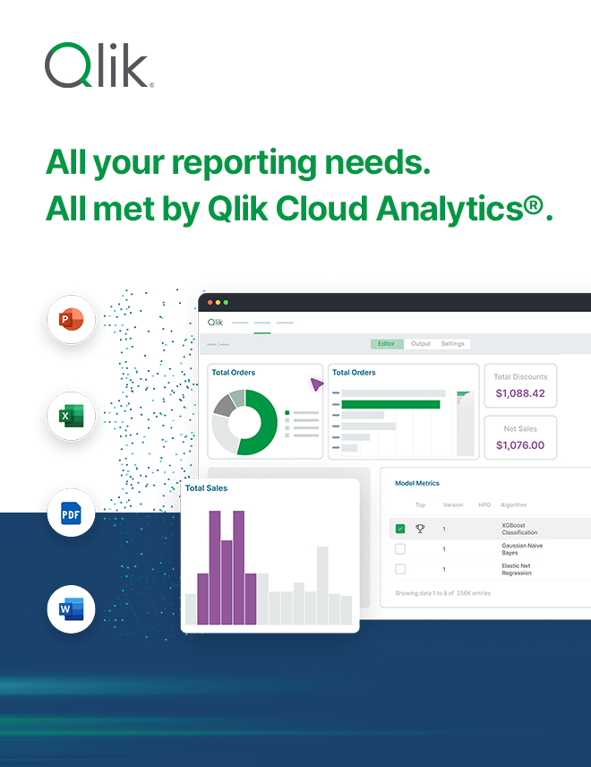 Illustration displaying Qlik Reporting Service brief, focusing on meeting reporting needs with Qlik Cloud Analytics®.