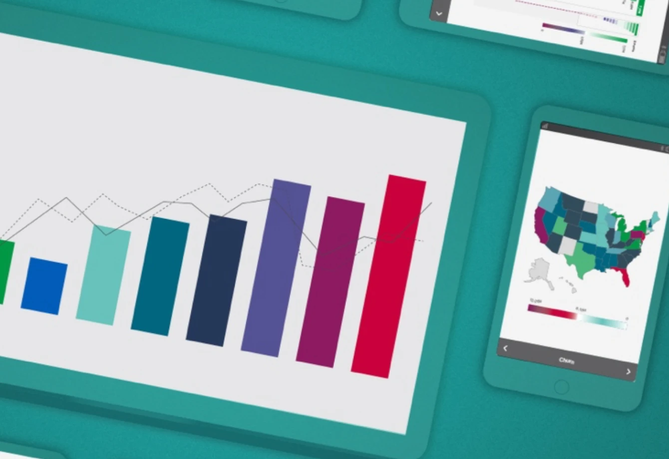 Tablet and smartphone screens displaying bar graphs and a U.S. map with color-coded states, set against a green background.