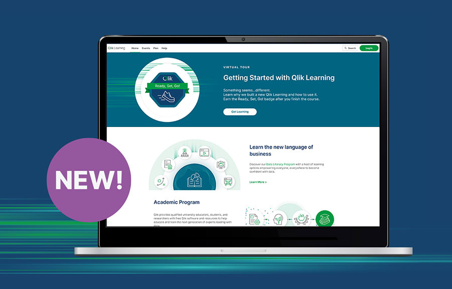 Visual representation of Qlik Learning's updated website, highlighting its sleek design and accessible features.