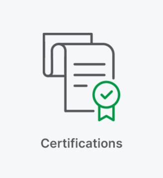 Line drawing of a certificate with a checkmark, symbolizing verified certifications. The word "Certifications" is written below the image.