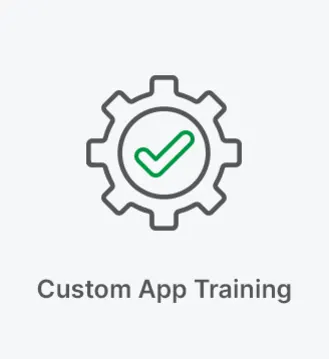 Icon of a gray gear with a green check mark in the center, and the text "Custom App Training" below it.