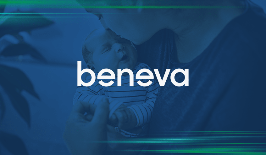 "Person kissing a baby's forehead with the Beneva logo overlaid on the image.