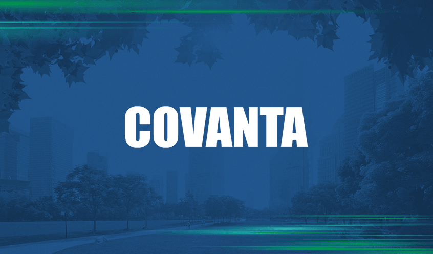 Blue-toned cityscape with "COVANTA" in bold white text at the center, framed by tree branches at the top.