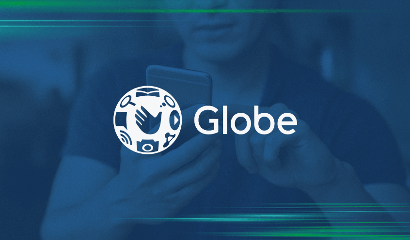 Person using a smartphone with the Globe logo and text overlay. The background is blue with green contrails.