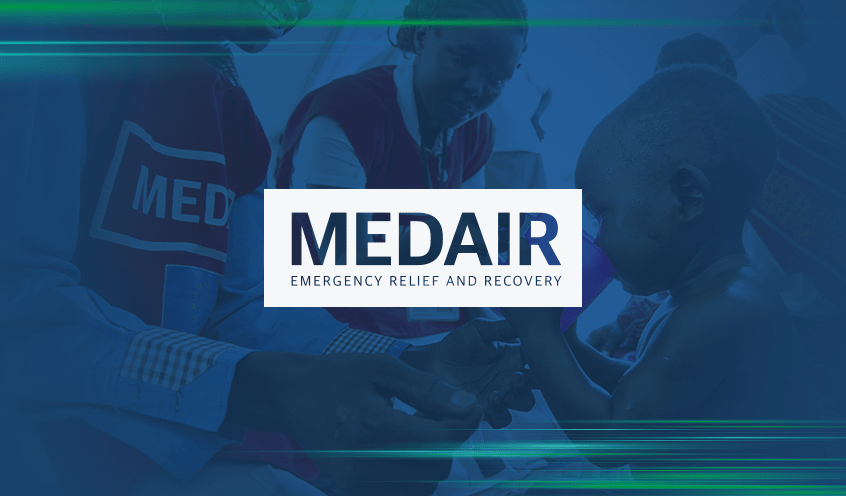 Medair: Emergency Relief and Recovery. Background shows individuals, including a child, receiving aid from healthcare workers.