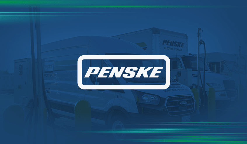 Penske logo overlaying an image of Penske electric vehicles parked at a charging station.