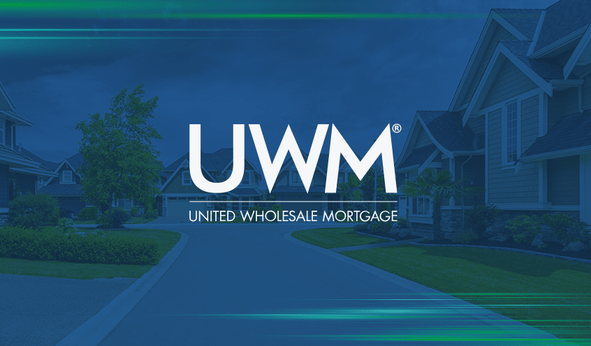 Logo of United Wholesale Mortgage (UWM) centered over a background image featuring a suburban neighborhood with several houses.