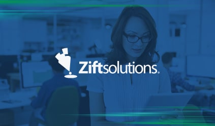 Woman reading on a tablet in an office environment with the Zift Solutions logo prominently displayed.