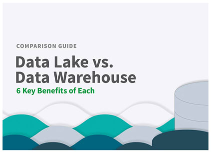 Cover image for a comparison guide titled "Data Lake vs. Data Warehouse: 6 Key Benefits of Each" with abstract wave design.