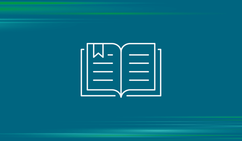 Simple illustrated icon of an open book with a bookmark, against a blue-green background with green horizontal contrail streaks.