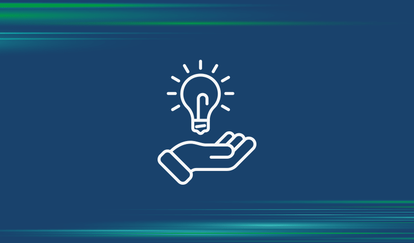 Icon of a hand holding a glowing lightbulb against a dark blue background with green and blue contrails.