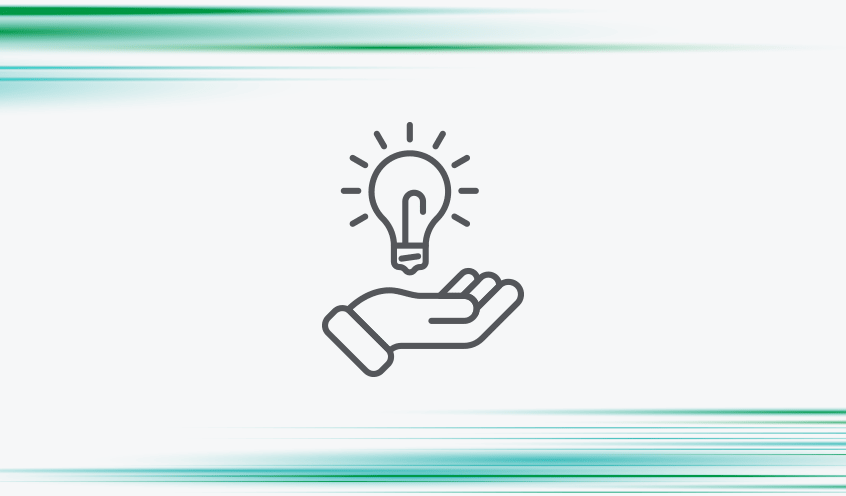 Icon of a hand holding a glowing lightbulb against a light stone background with green and blue contrails.