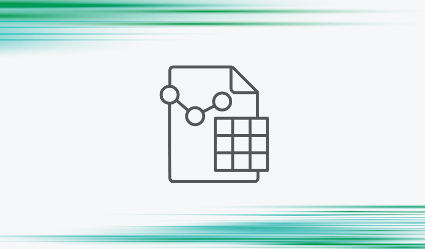 Icon of a document with a line graph and a table, represented in gray on a light stone background with green-blue contrails.