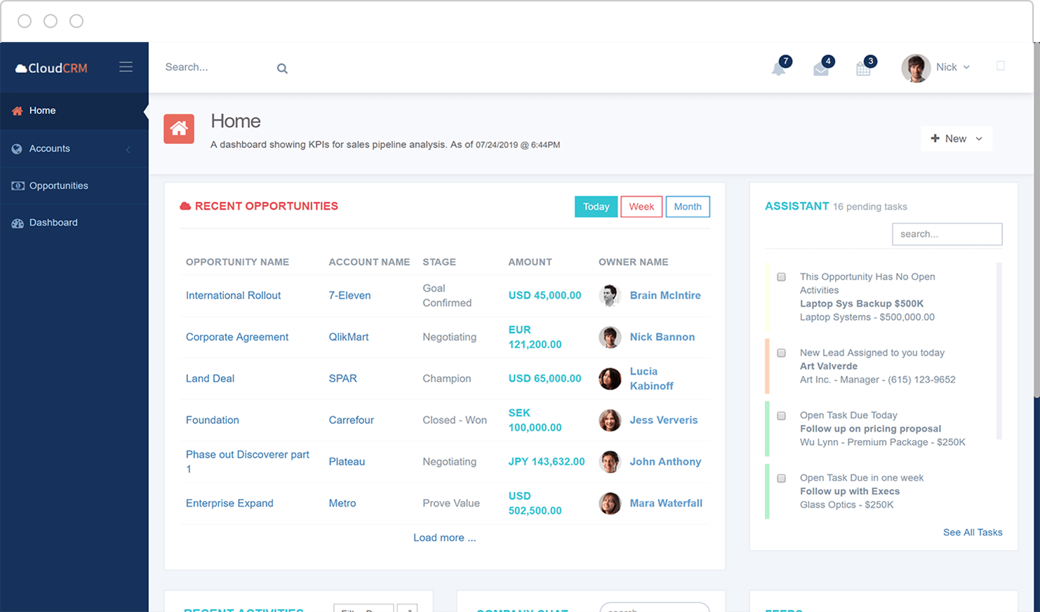 CloudCRM dashboard interface showing recent opportunities, upcoming tasks, and user accounts on the side menu.