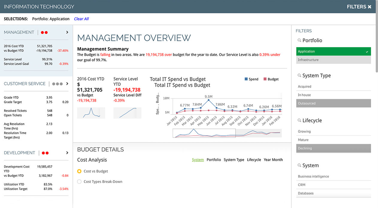 Information Technology Management Overivew dashboard cost metrics example for customer service, development, and budget