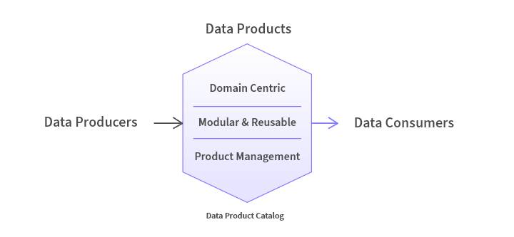 Hexagonal diagram labeled “Data Products” in the center. Data flows from “Data Producers” to “Data Consumers." Emphasis on domain-centric, modular and reusable design, and product management.