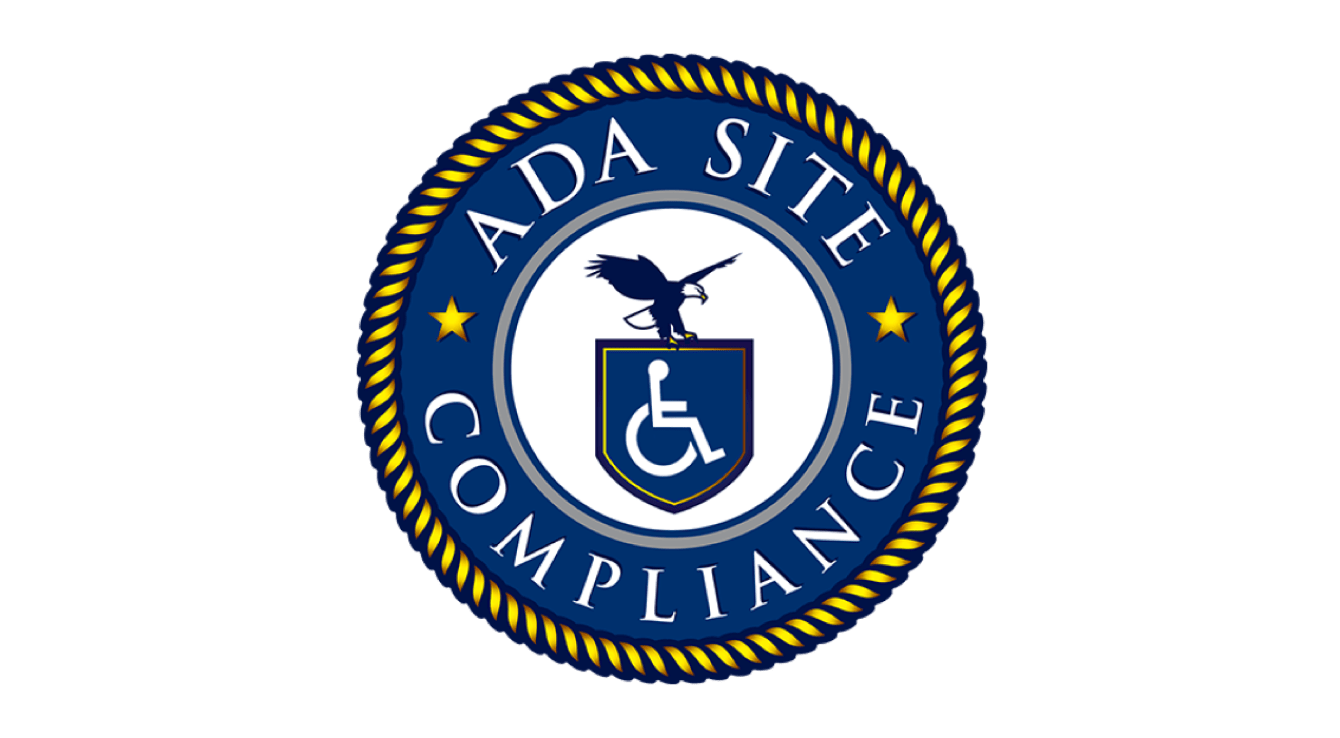 ADA Site Compliance logo featuring an eagle and a wheelchair symbol within a blue and gold circular border.