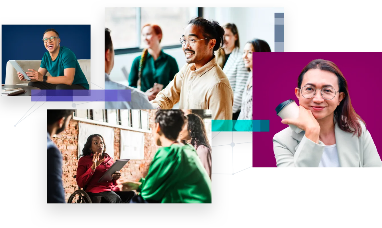 A collage of four diverse people engaged in various professional settings, including a meeting, a presentation, and individual work on devices.