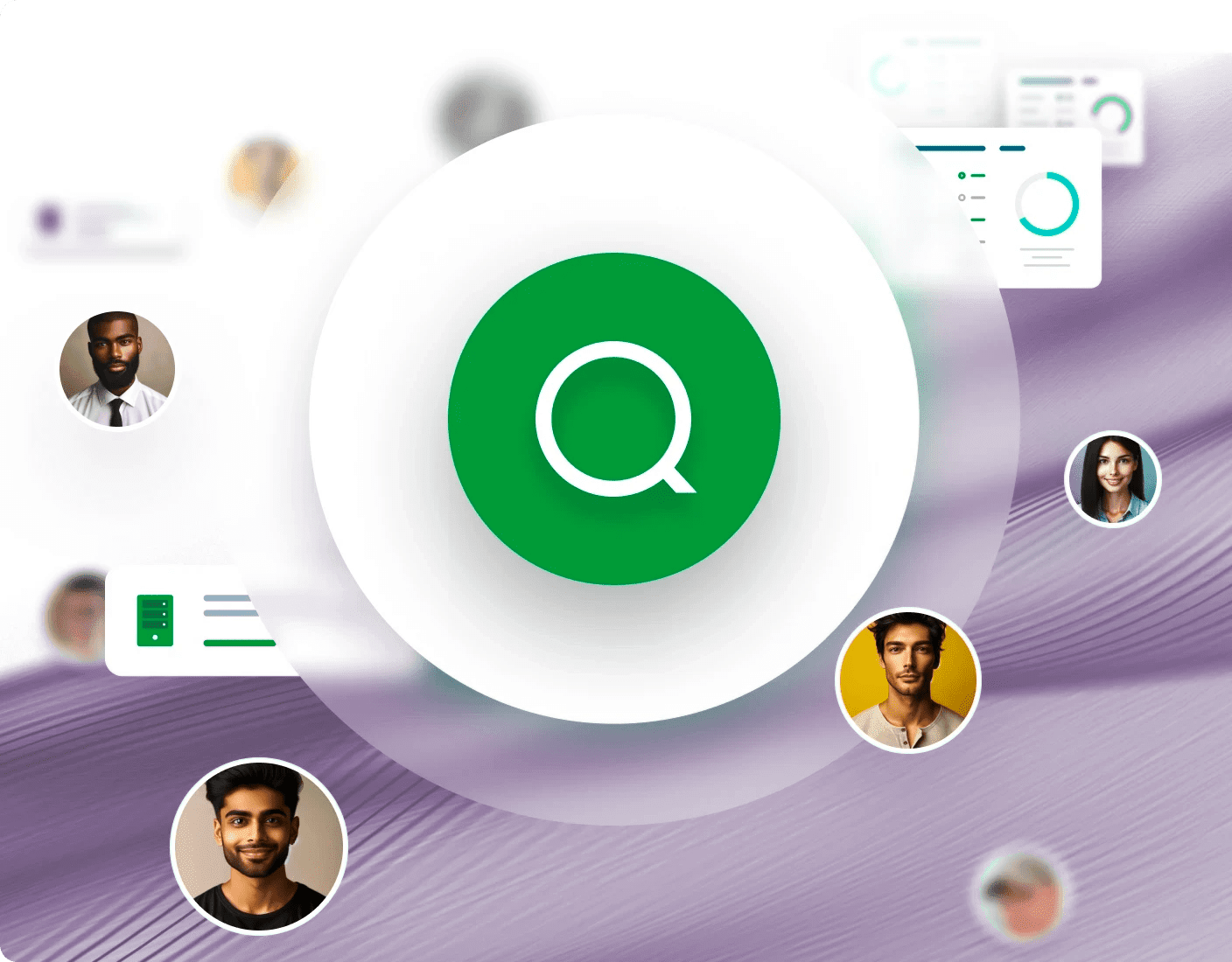 Image of a green icon with the Qlik logomark "Q" at the center surrounded by profile pictures and data cards on a purple background.