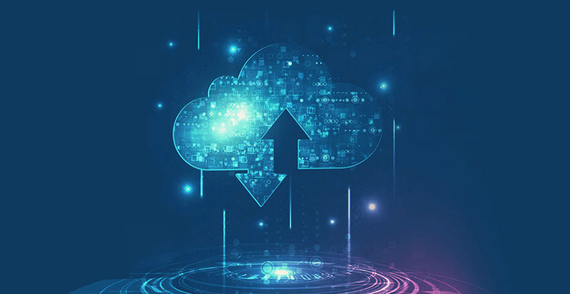 A digital cloud with arrows pointing up and down, signifying data transfer, against a dark blue background with futuristic technology elements.