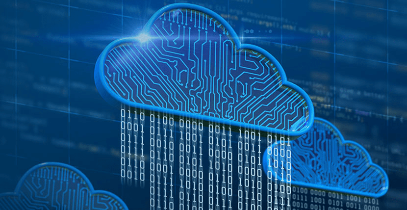 Clouds made from digital circuits and binary code depict data and information flow in a digital cloud computing environment.