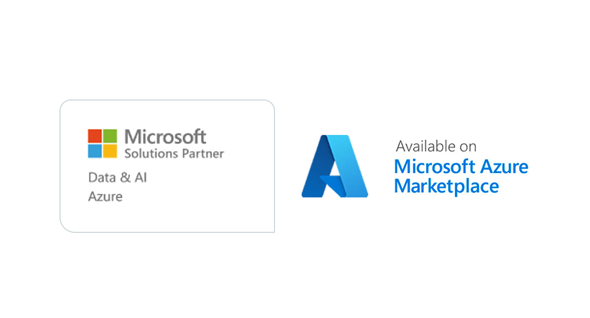 Microsoft Solutions Partner badge for Data & AI, Azure is on the left. Azure Solution Partner badge on the right with text that states "Available on Microsoft Azure Marketplace" with an Azure logo.