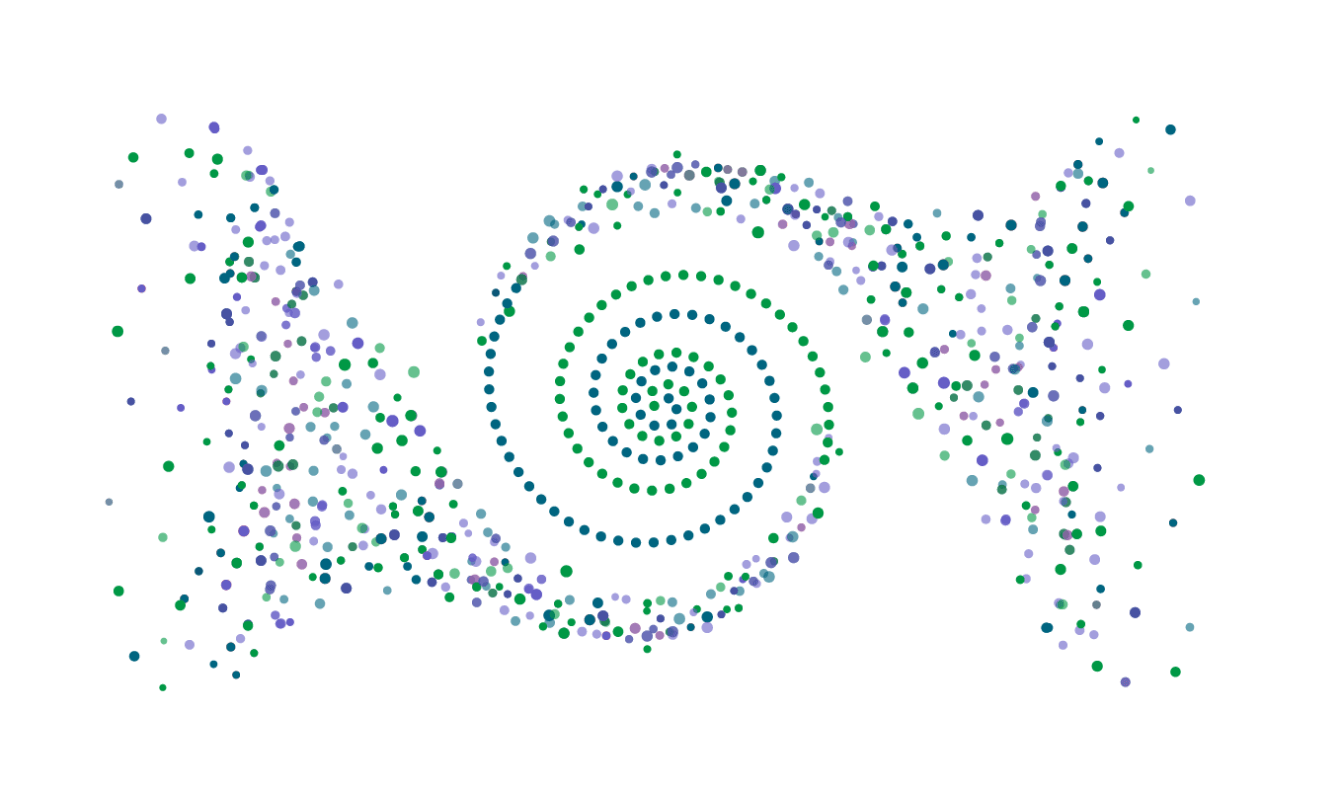 A pattern of multicolored dots forms a spiral in the center, with the dots dispersing outward on both sides against a white background.