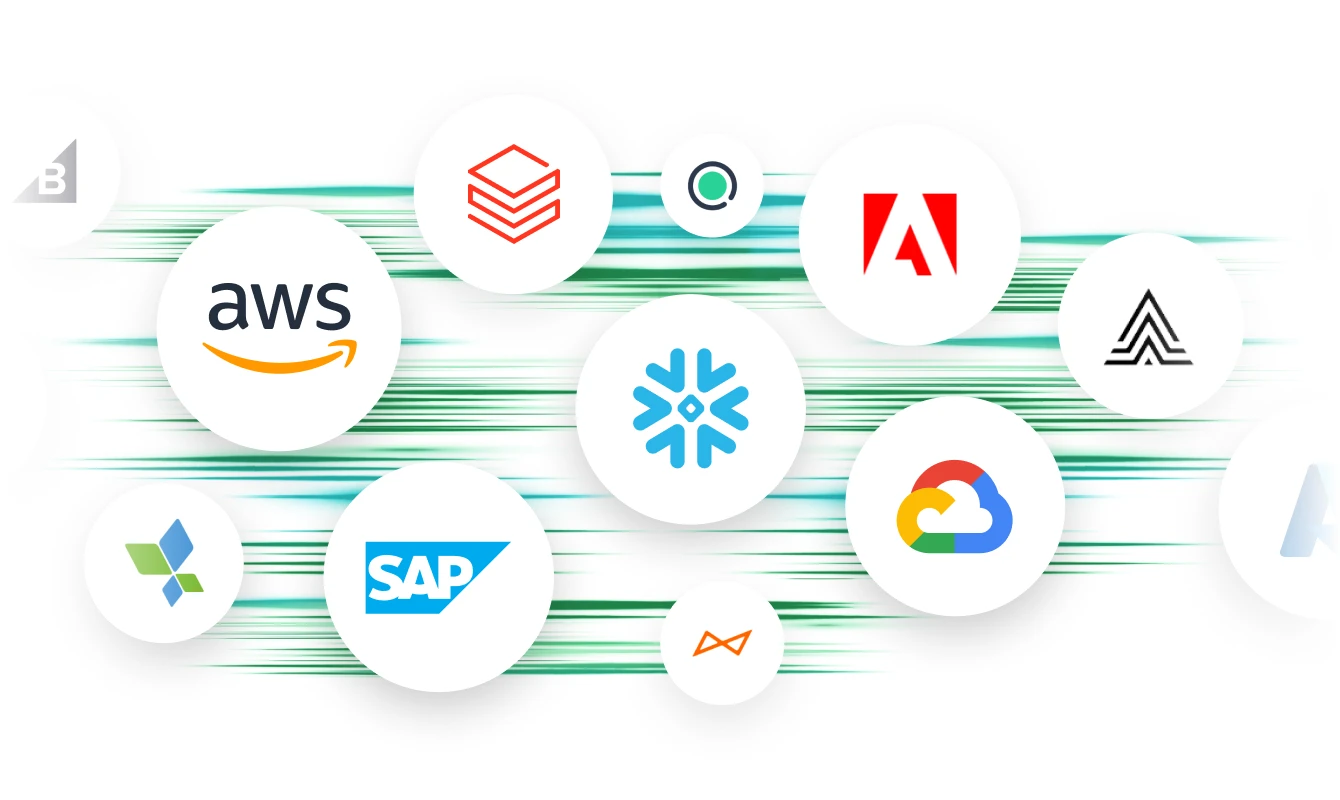 Image features logos of various tech and software companies, including AWS, Adobe, SAP, Google Cloud, Snowflake, and others, arranged in a circular pattern with green streaks in the background.